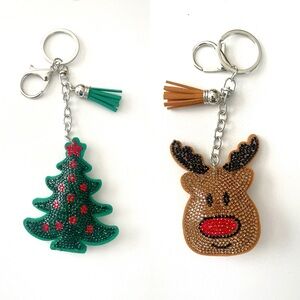 Festive Keychain Set - Rhinestone Christmas Tree &  Reindeer Set. New